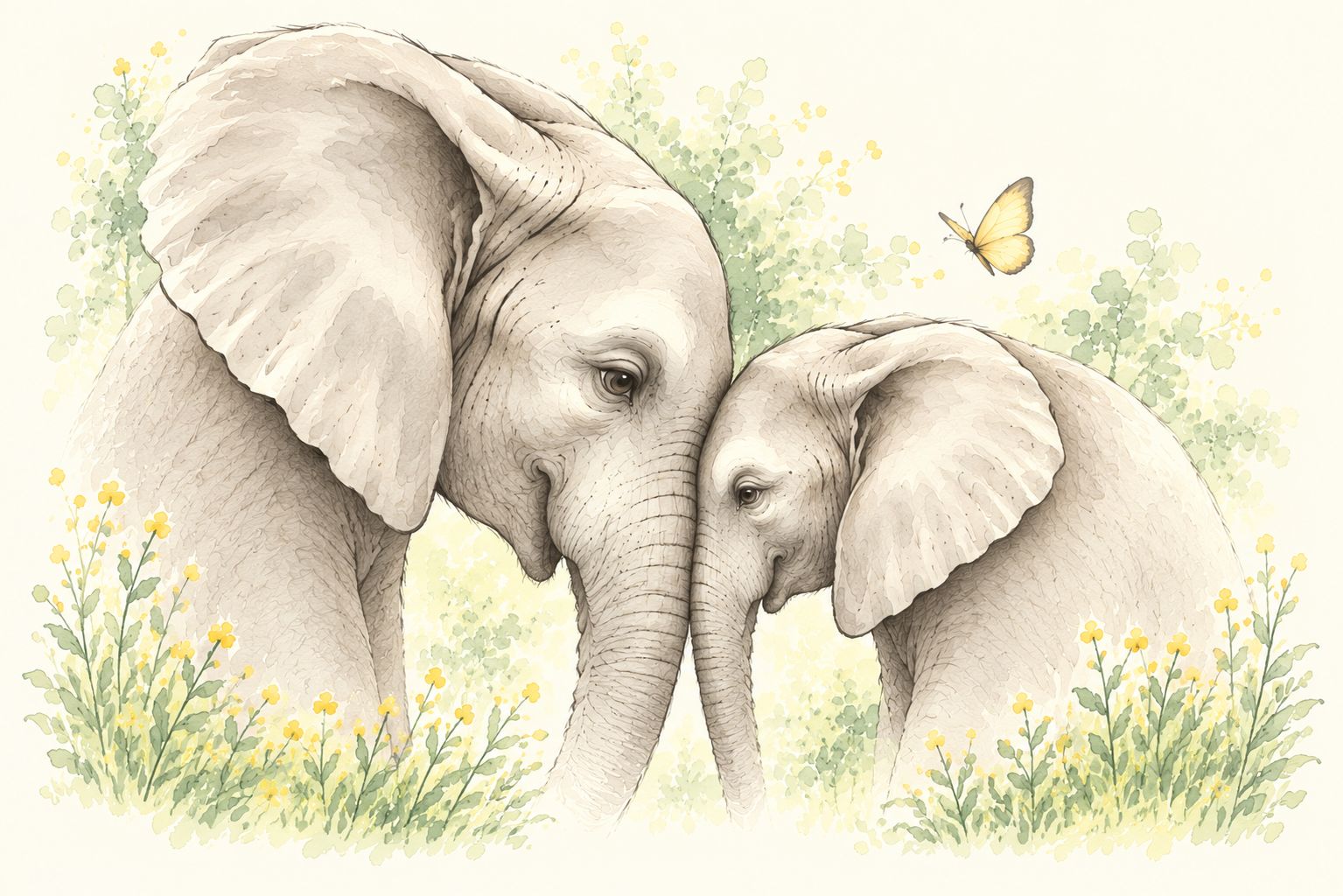 Watercolor of a mother elephant and her calf resting their heads together