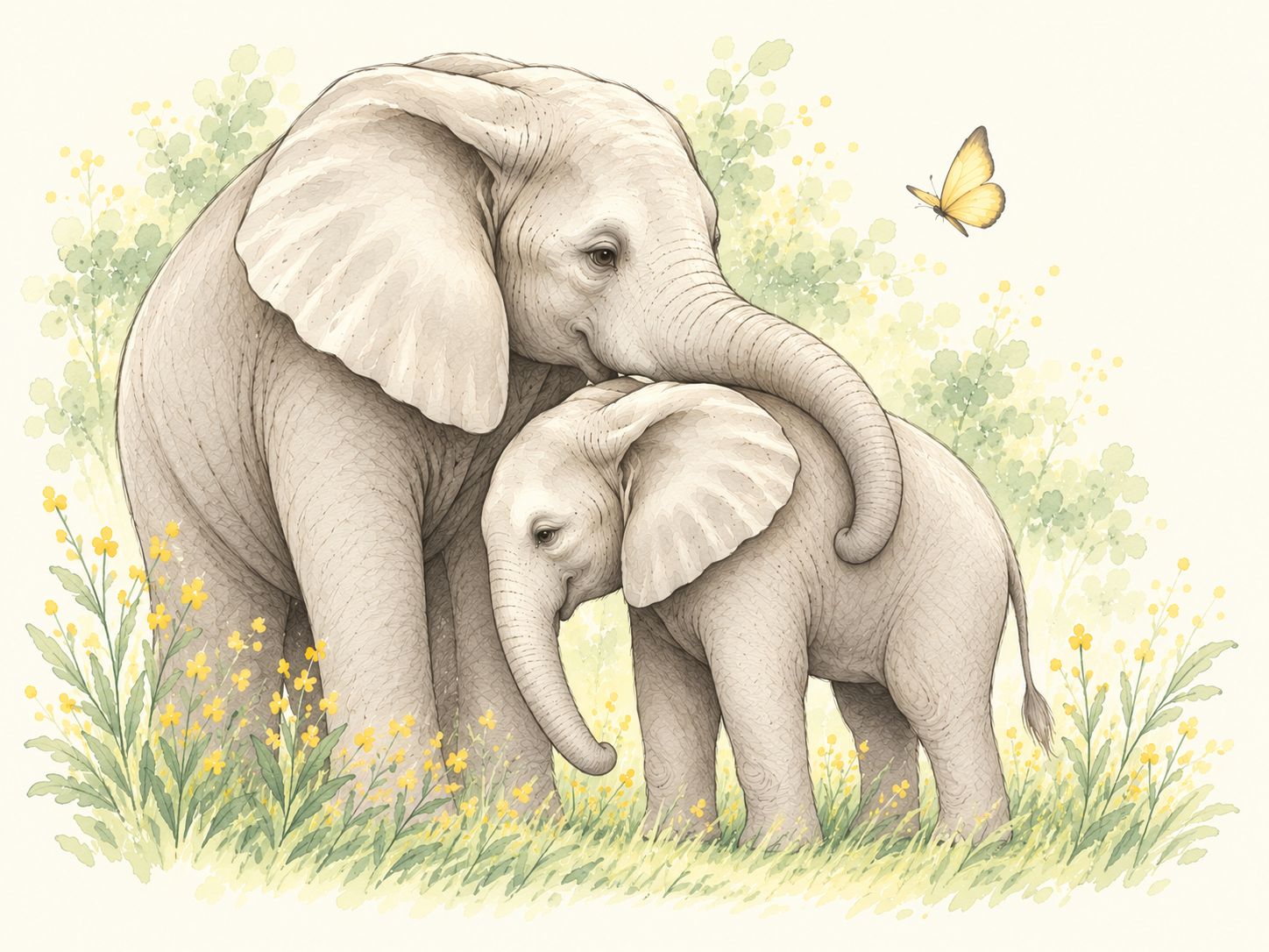 Watercolor of a mother elephant wrapping her trunk around her calf