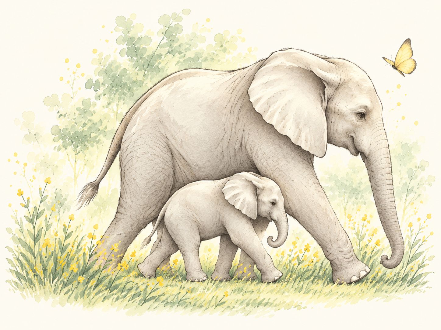 Watercolor of a mother elephant and her calf walking side by side through wildflowers