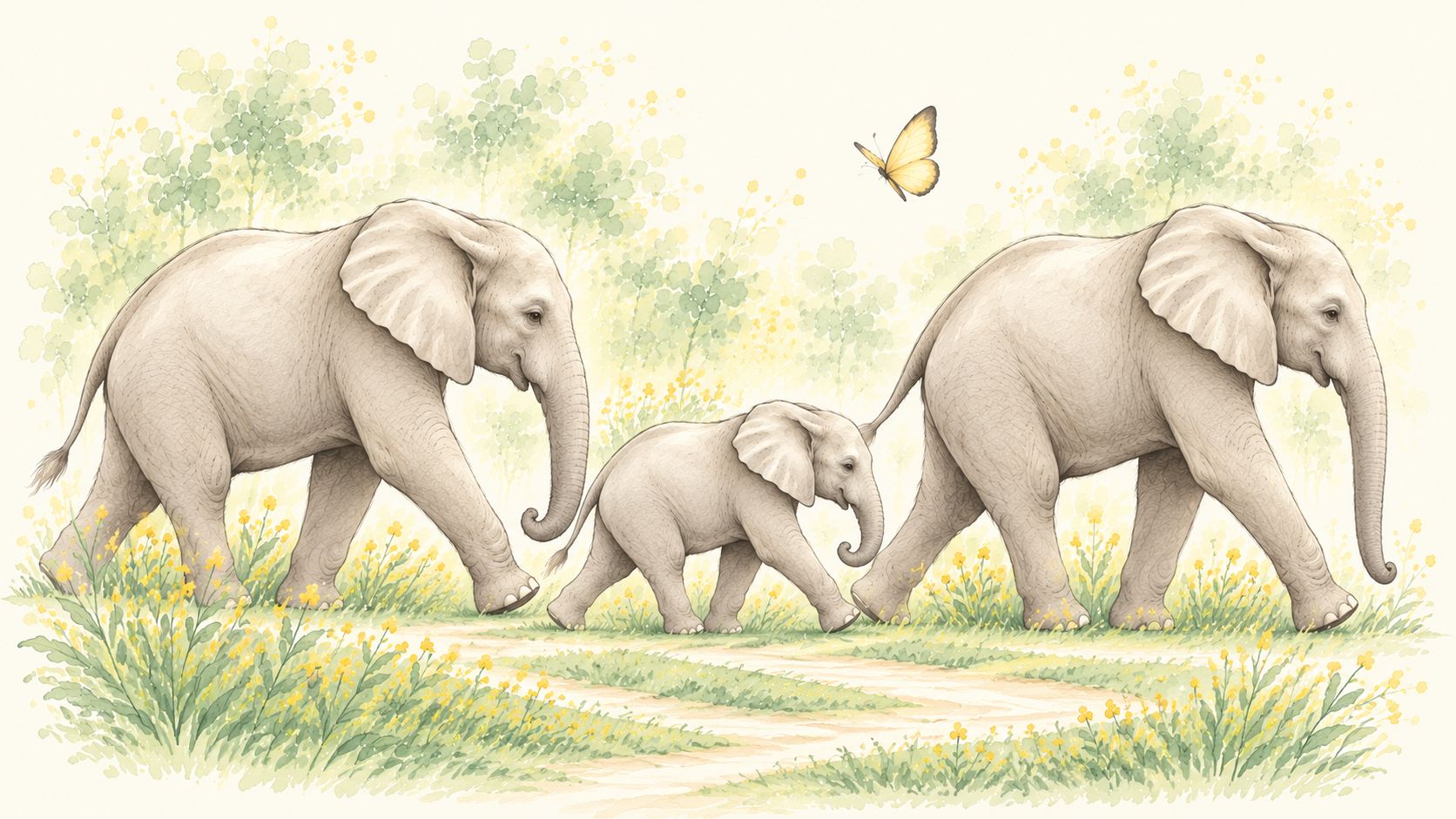 Watercolor of an elephant family, with a calf between two adults, walking along a path